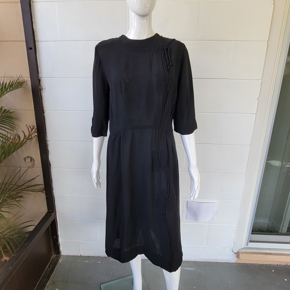 Vintage 40s Original Nelly Don Black Cocktail Dress Soutache Applique Women's 12